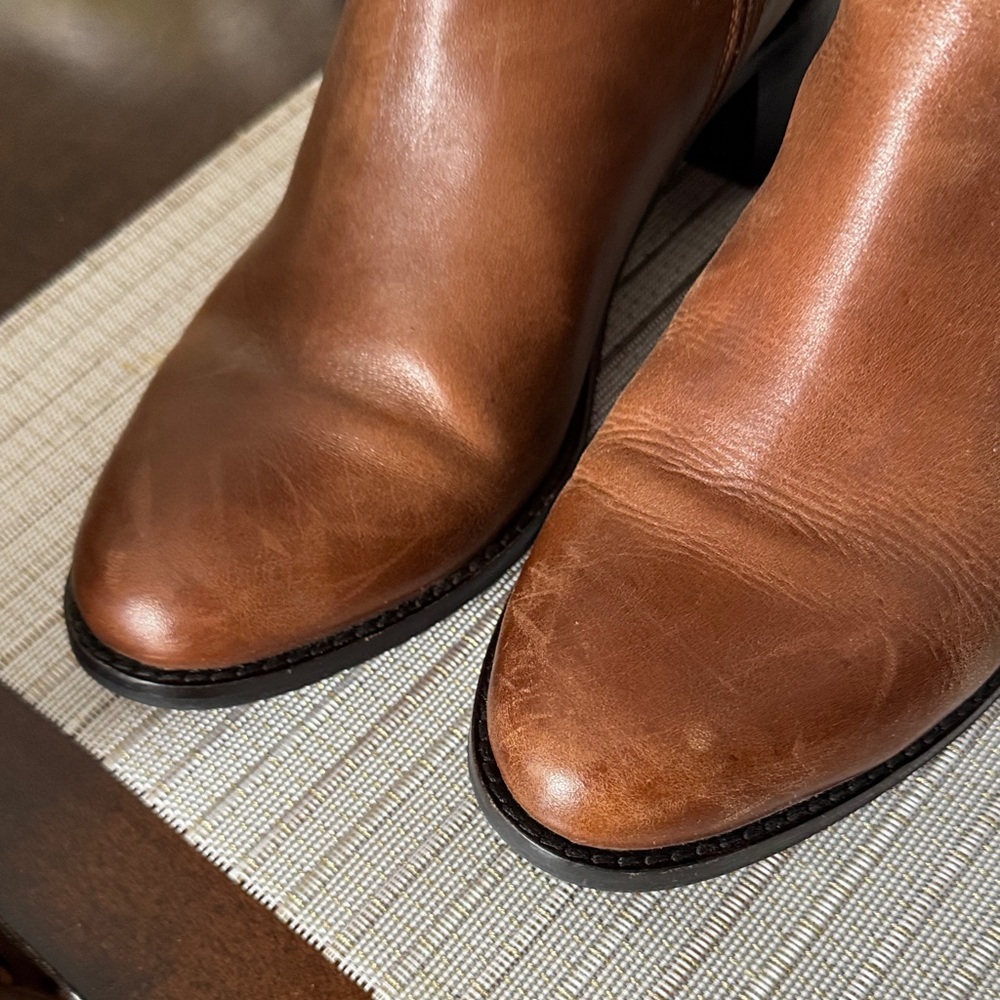 Women's Tall Brown Leather Heeled Riding Boots with Side Zip - Picture 5 of 7